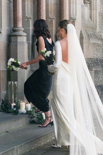 Long Satin beach Bridesmaid Dress Black Straps Sleeveless Cowl Neck