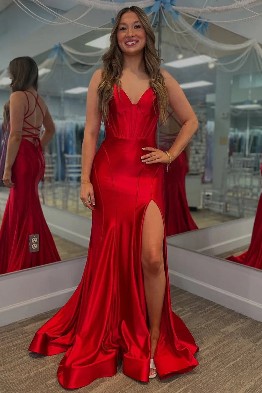 Long Satin Red Prom Dresses Mermaid Evening Gowns