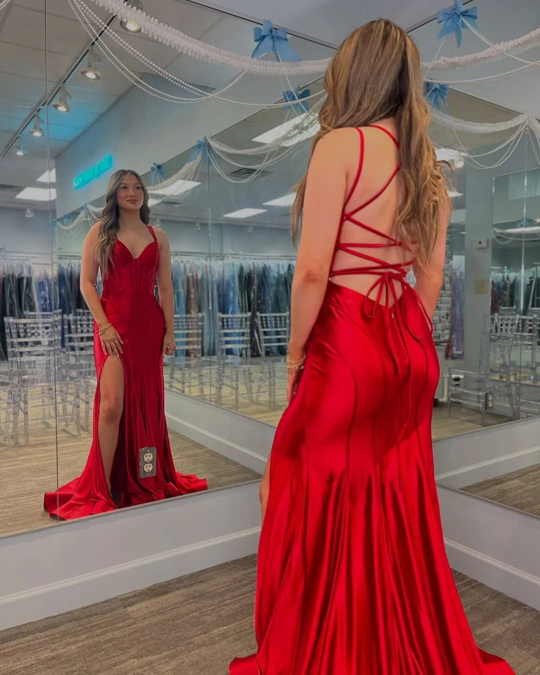 Long Satin Red Prom Dresses Mermaid Evening Gowns 