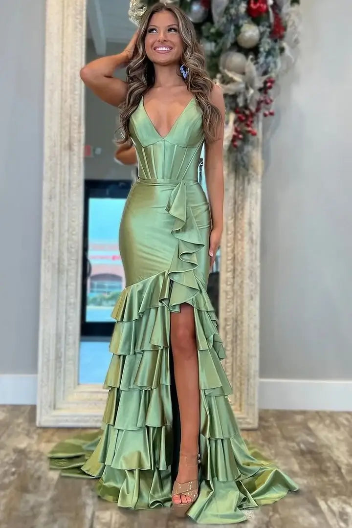 green evening gown with ruffled layers