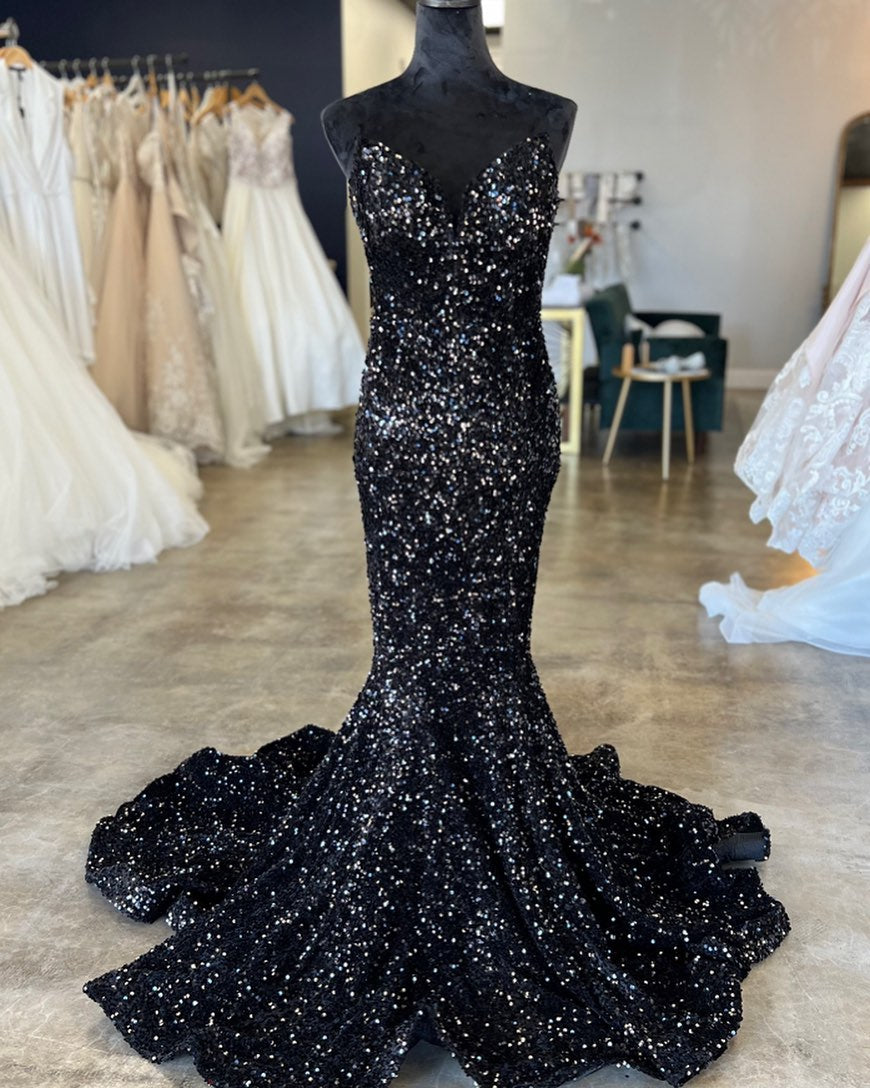 Black Iridescent Sequins Long Prom Dress mychicdress