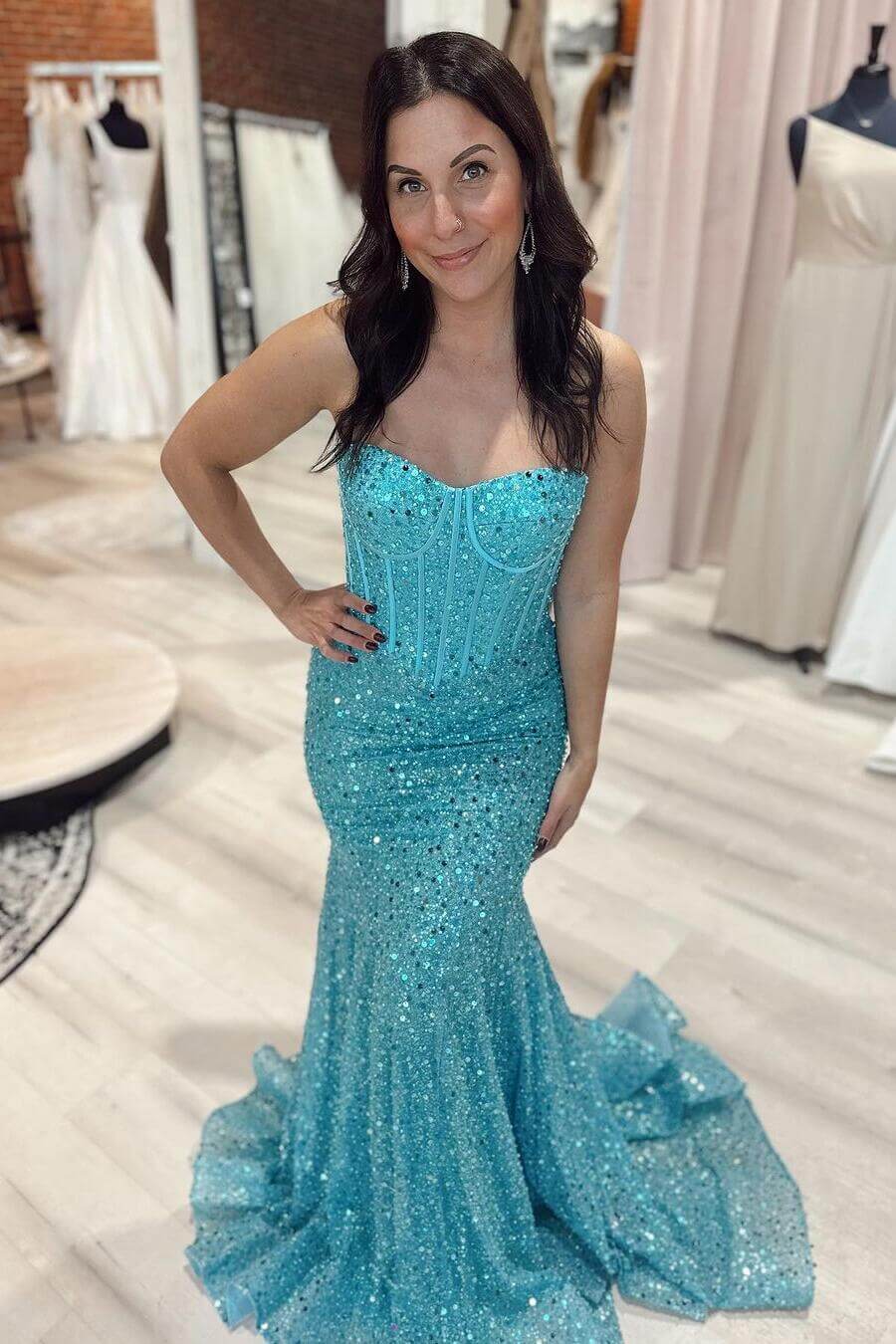 Long Light Sky Blue Prom Dresses Sequins Mermaid Sweetheart