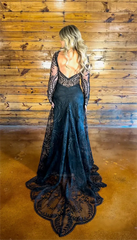 Long Sleeve Boho Black Wedding Dress Lace with Nude Lining Mychicdress