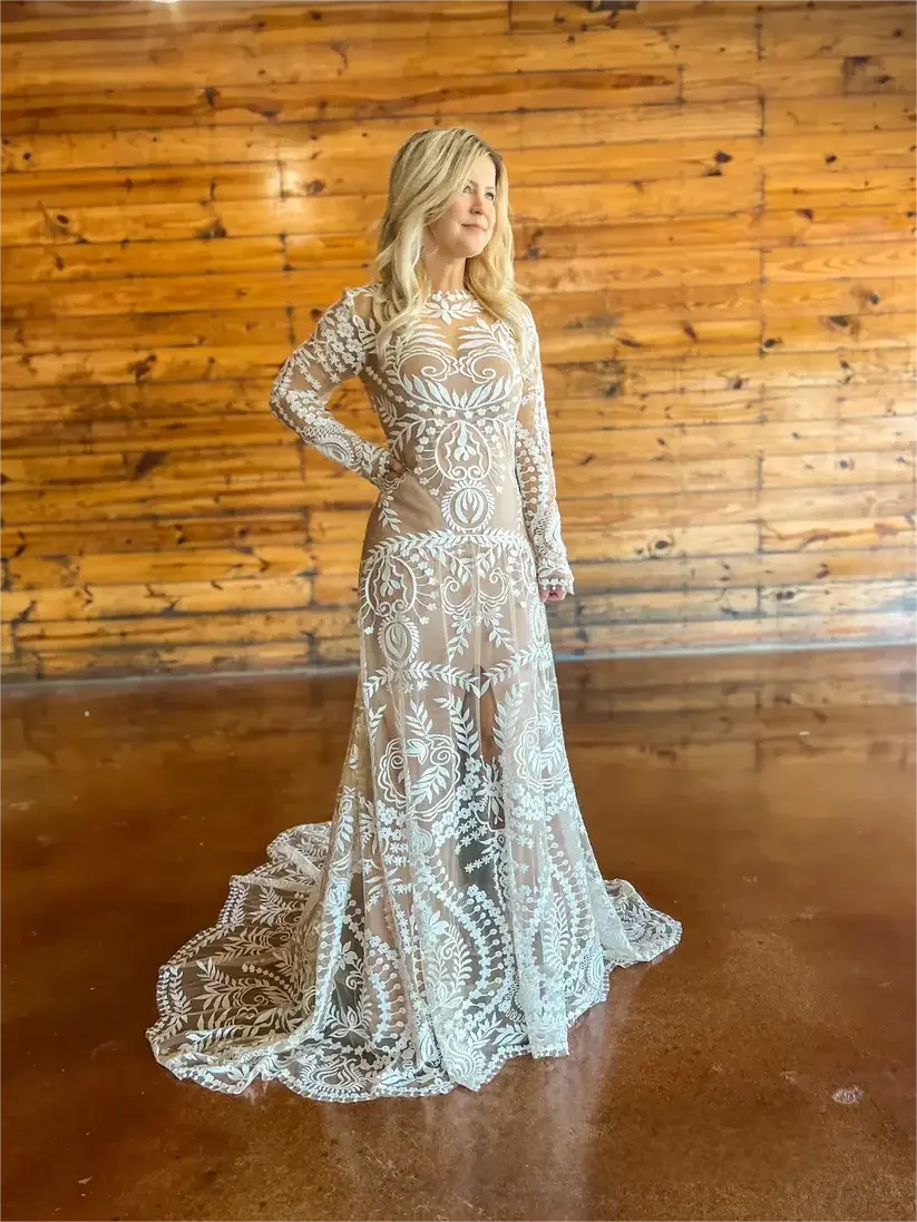 Long Sleeve Boho champagne Wedding Dress Lace with Nude Lining Mychicdress