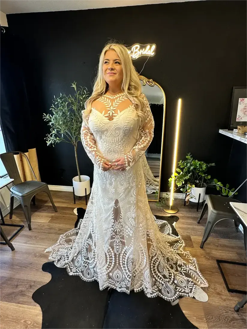 Long Sleeve White Boho Wedding Dress Lace with Nude Lining Mychicdress
