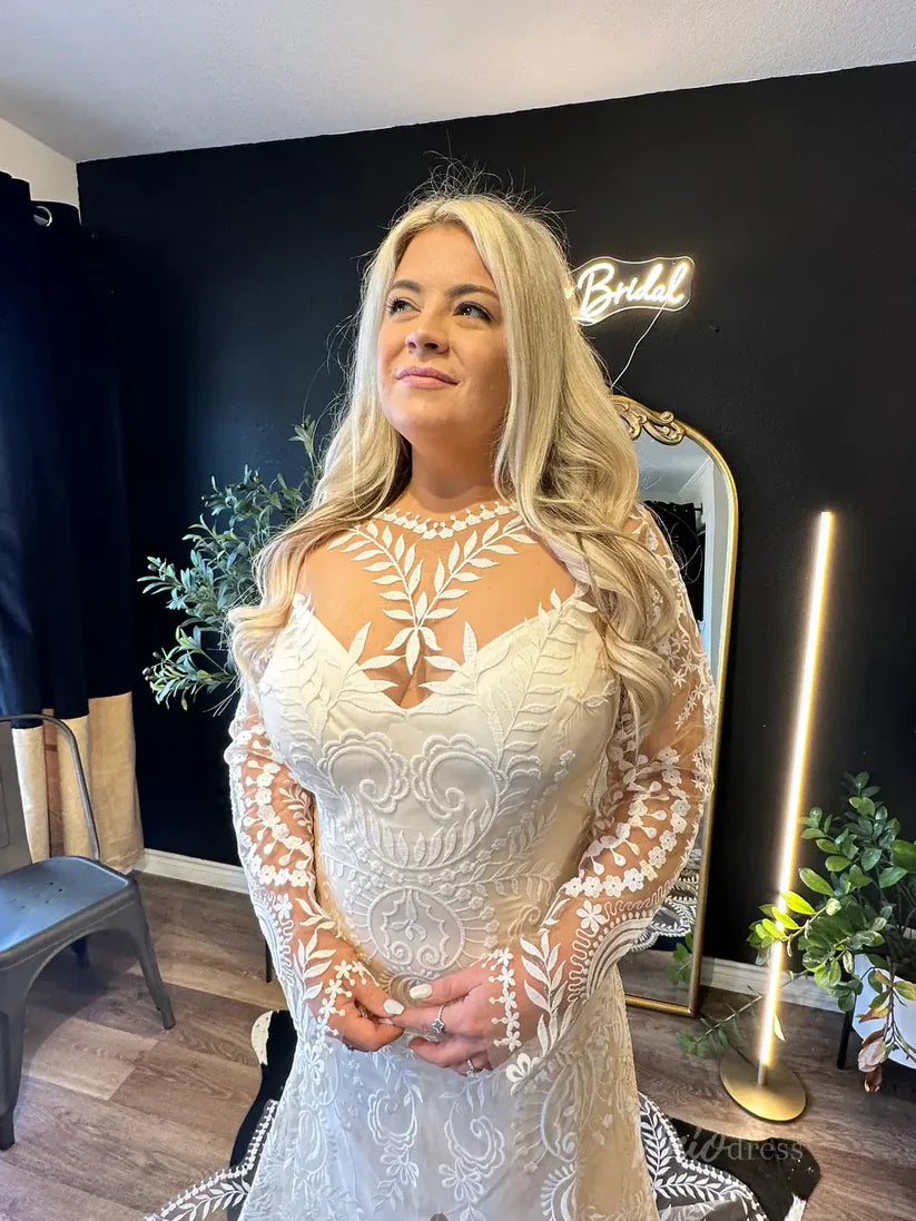 Long Sleeve Boho Wedding Dress Lace with Nude Lining Mychicdress