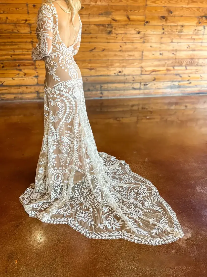 Long Sleeve Boho champagne Wedding Dress Lace with Nude Lining Mychicdress