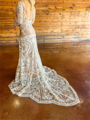Long Sleeve Boho champagne Wedding Dress Lace with Nude Lining Mychicdress