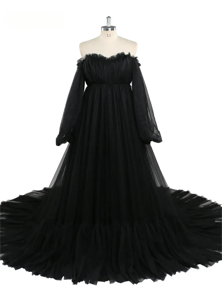 Long Sleeve Maxi Party Dress black Off Shoulder A-Line Photoshoot Dress Mychicdress