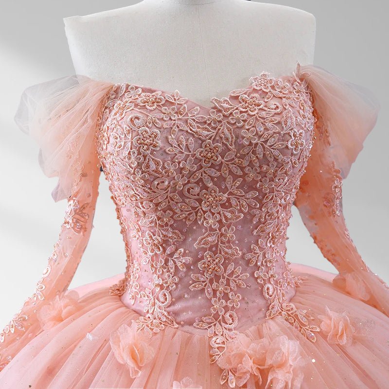 Long Sleeves Blush Quinceanera Dress Tulle Flowers Off The Shoulder Mychicdress