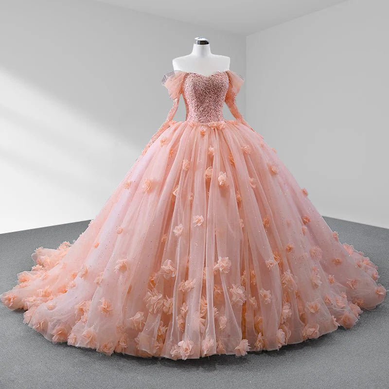 Long Sleeves Blush Quinceanera Dress Tulle Flowers Off The Shoulder Mychicdress