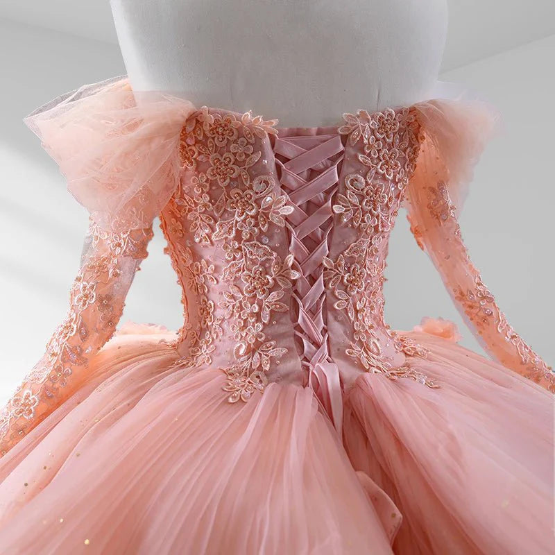 Long Sleeves Blush Quinceanera Dress Tulle Flowers Off The Shoulder Mychicdress