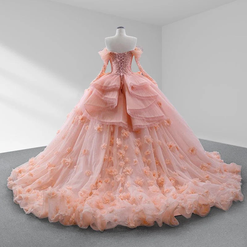 Long Sleeves Blush Quinceanera Dress Tulle Flowers Off The Shoulder Mychicdress