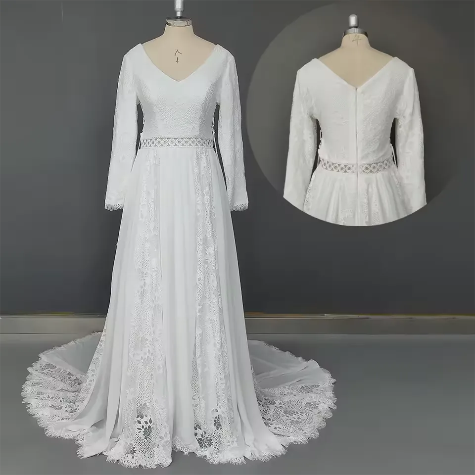 Long Sleeves Lace Beach Wedding Dresses Boho Chiffon V Neck