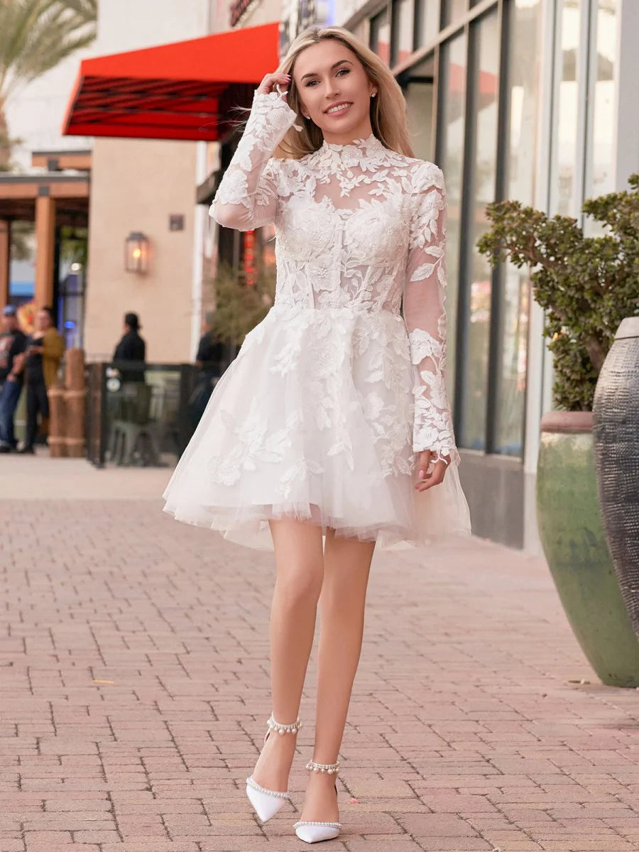 Long Sleeves Short White Lace Wedding Dresses A-Line Illusion Neck Mychicdress