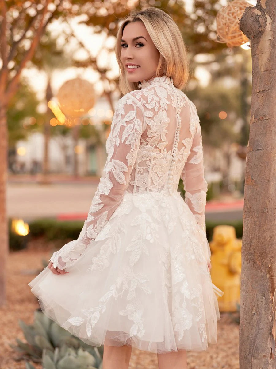 Long Sleeves Short White Lace Wedding Dresses A-Line Illusion Neck Mychicdress