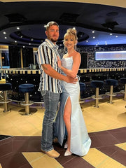 Long Strapless Prom Dresses with Slit Satin Formal Dresses for Women