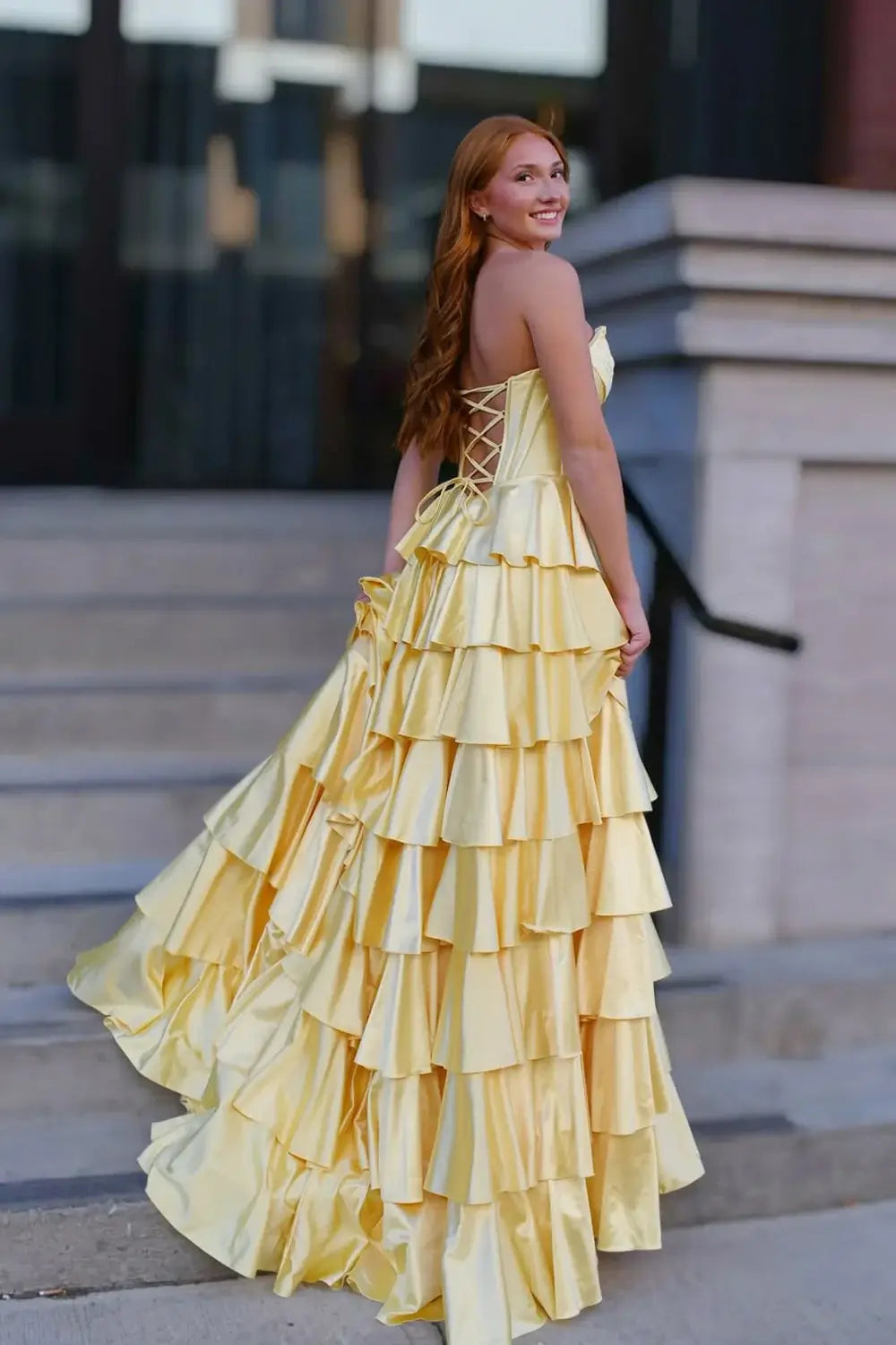 Long Strapless Ruffle Butter Yellow Prom Dress Corset Tiered Skirt