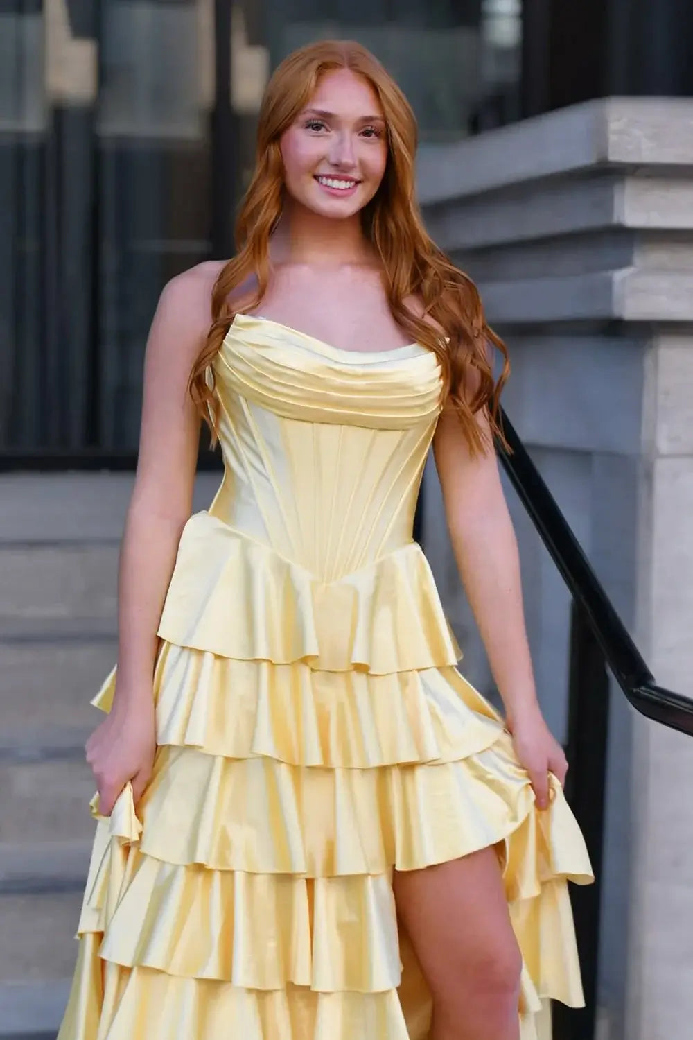 Long Strapless Ruffle Butter Yellow Prom Dress Corset Tiered Skirt