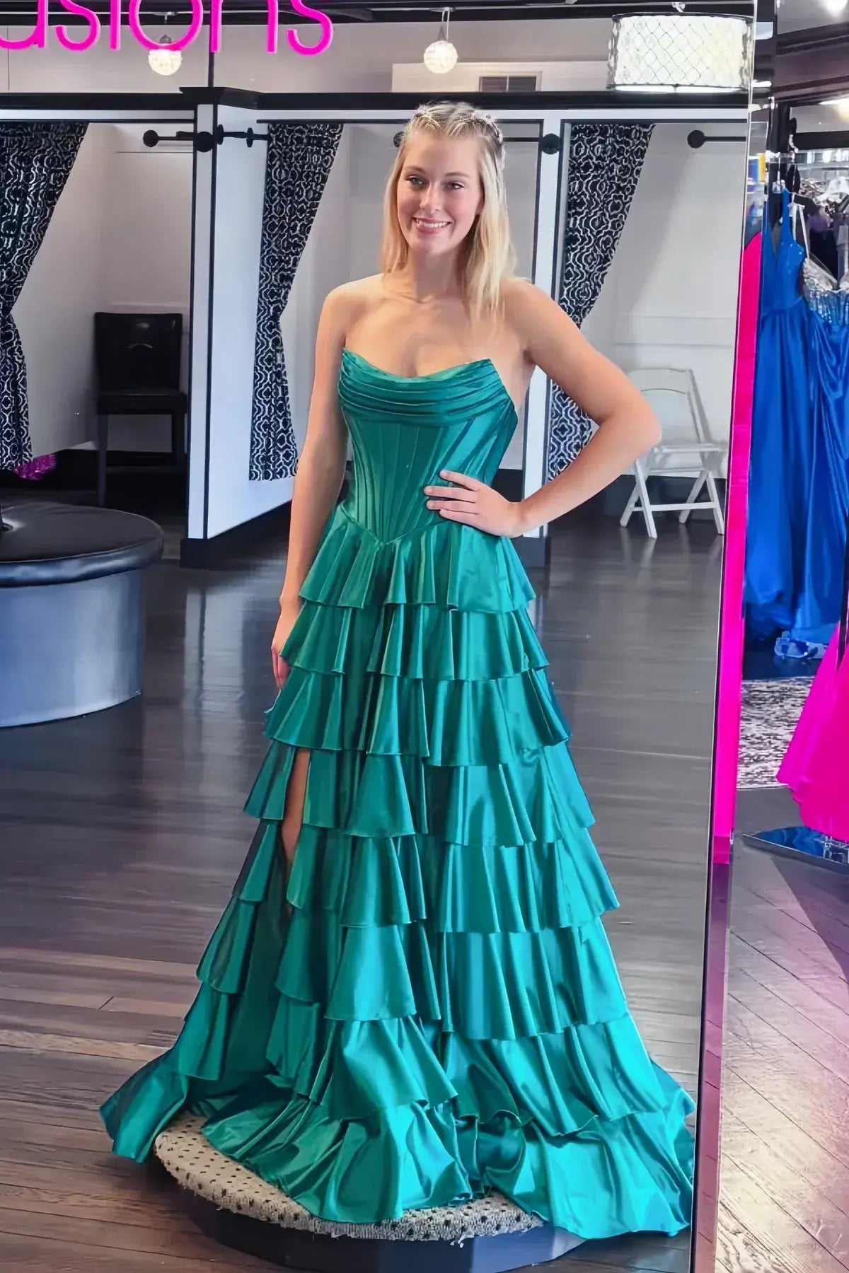 Long Strapless Ruffle Green Prom Dress Corset Tiered Skirt