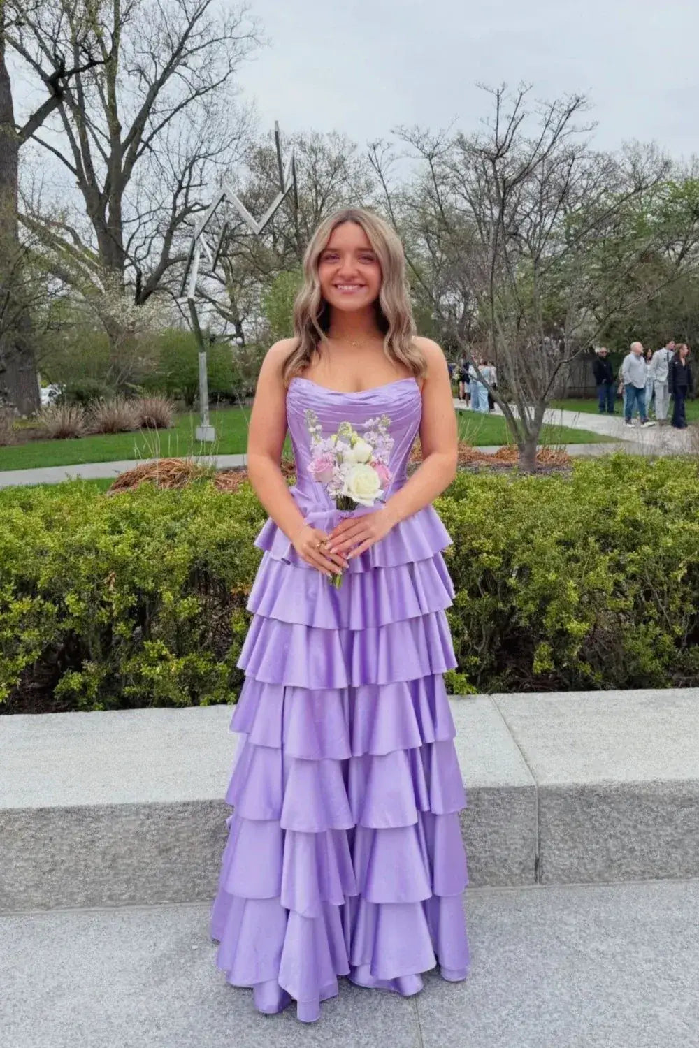 Long Strapless Ruffle Lavender Prom Dress Corset Tiered Skirt