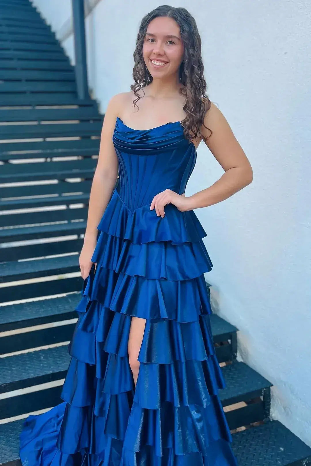 Long Strapless Ruffle Royal Blue Prom Dress Corset Tiered Skirt