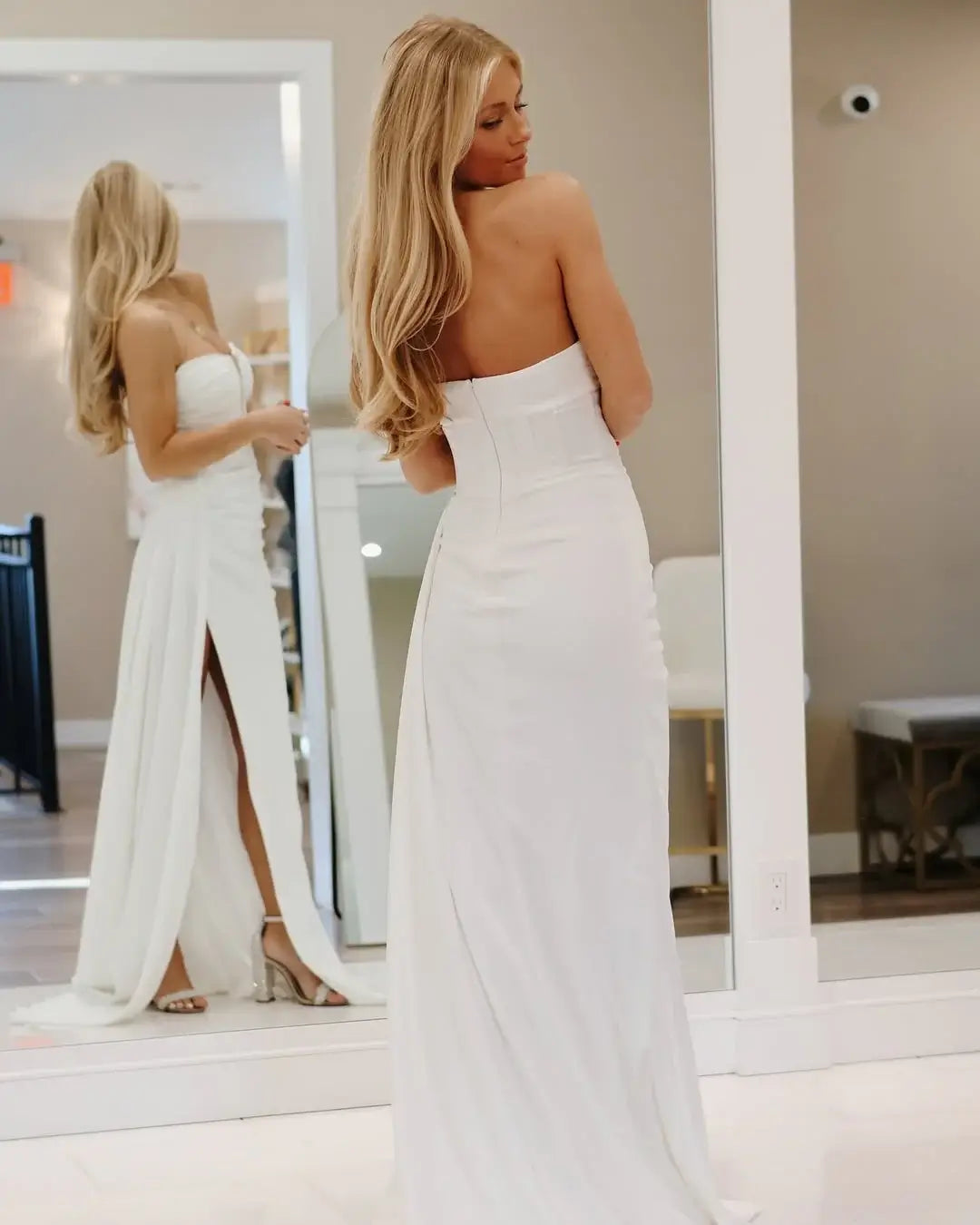 Long Strapless White Evening Gowns Mermaid Satin with Slit