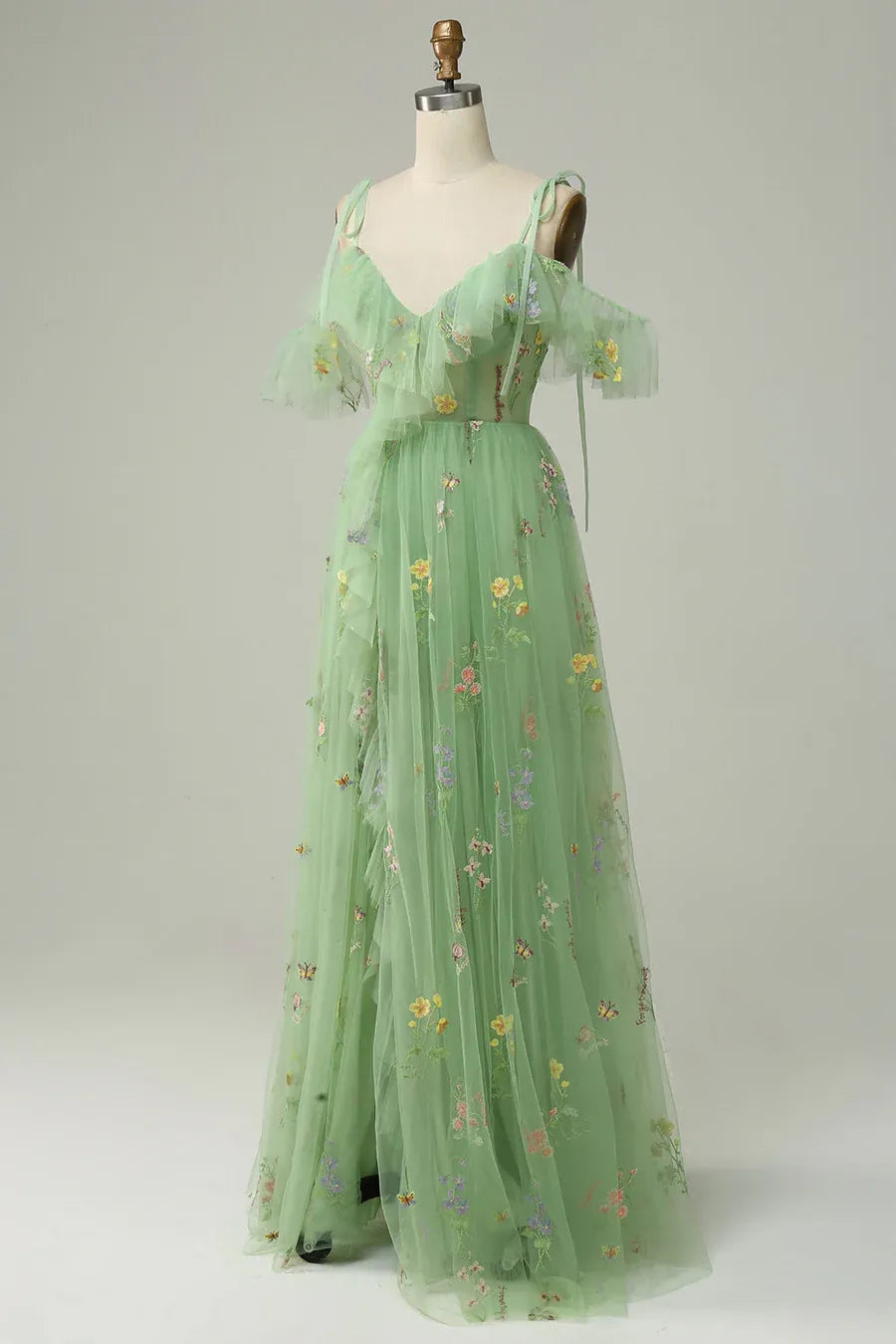 Long V-neck Lavender Prom Dress Embroidery A-Line Evening Dress