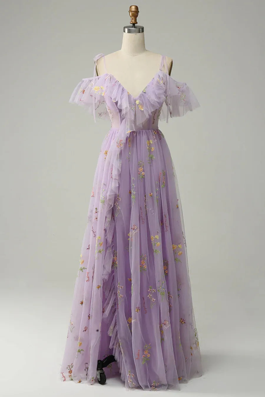 Long V-neck Lavender Prom Dress Embroidery A-Line Evening Dress