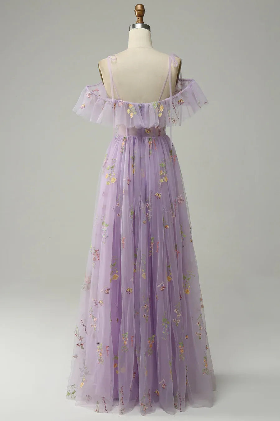Long V-neck Lavender Prom Dress Embroidery A-Line Evening Dress