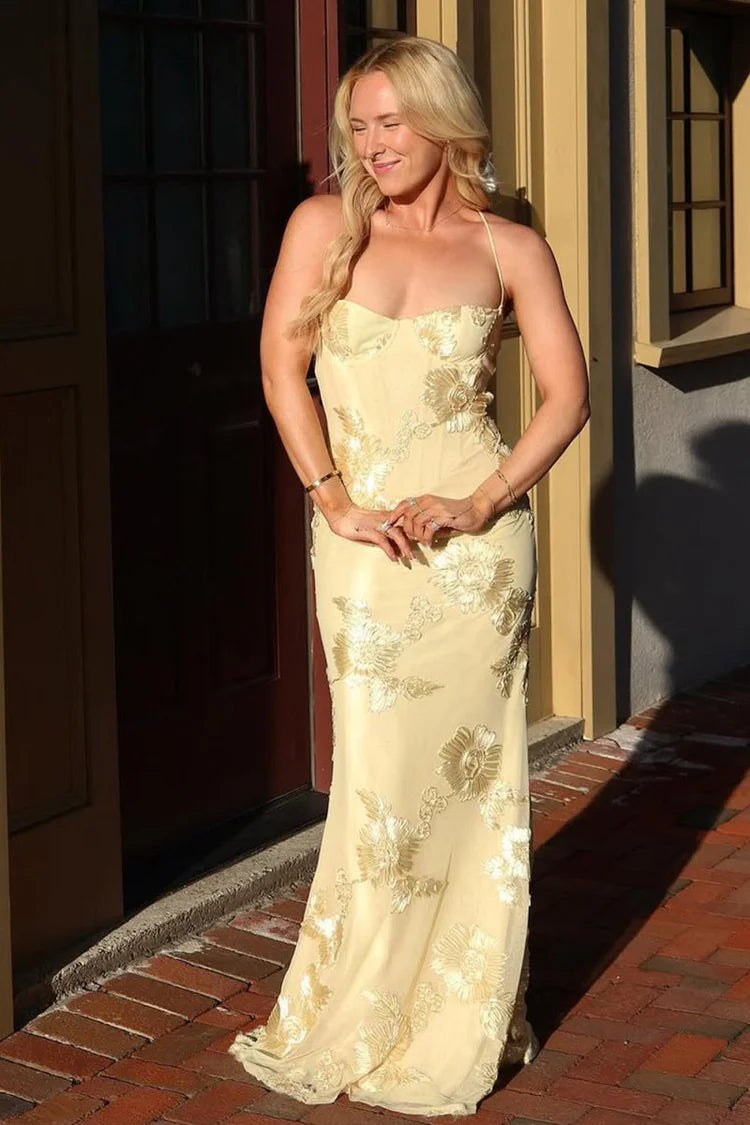 Long Yellow Embroidery Prom Dress Mermaid Evening Gown Spaghetti-straps