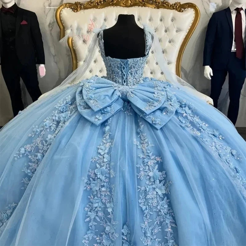 Luxury 3D Flowers Blue Quinceañera Dresses for Sweet 16 with Big Bow
