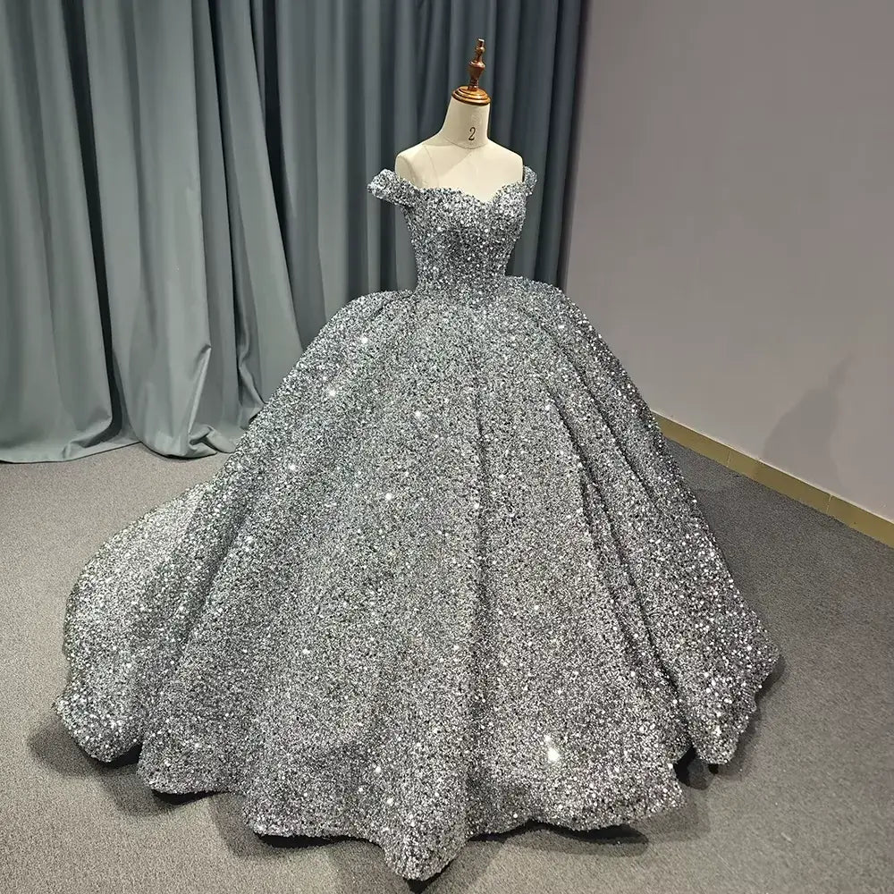 Discount Ball Gown Silver Quinceanera Dresses Sequin Off-Shoulder