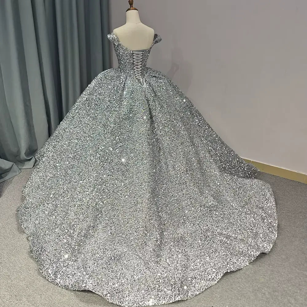 Discount Ball Gown Silver Quinceanera Dresses Sequin Off-Shoulder