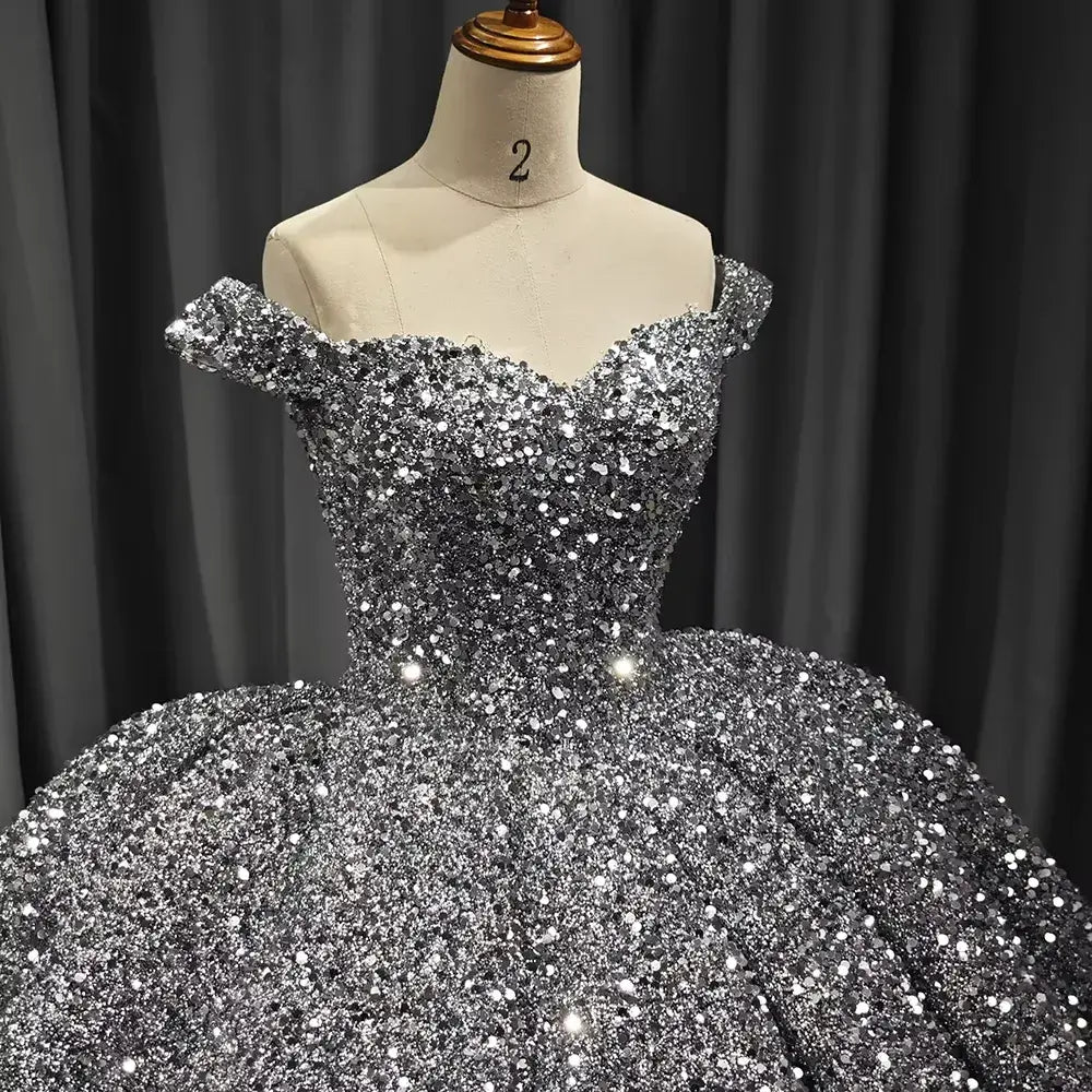 Discount Ball Gown Silver Quinceanera Dresses Sequin Off-Shoulder