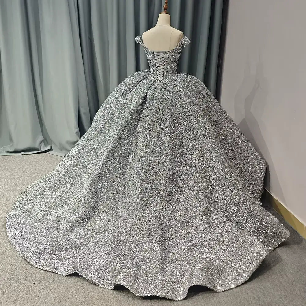 Discount Ball Gown Silver Quinceanera Dresses Sequin Off-Shoulder