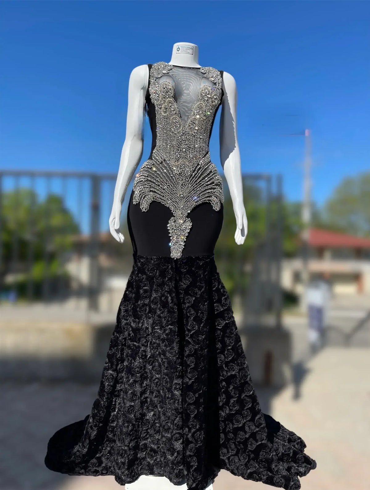 Luxury Black Mermaid Prom Dresses Sequin Beaded with Floral Skirt