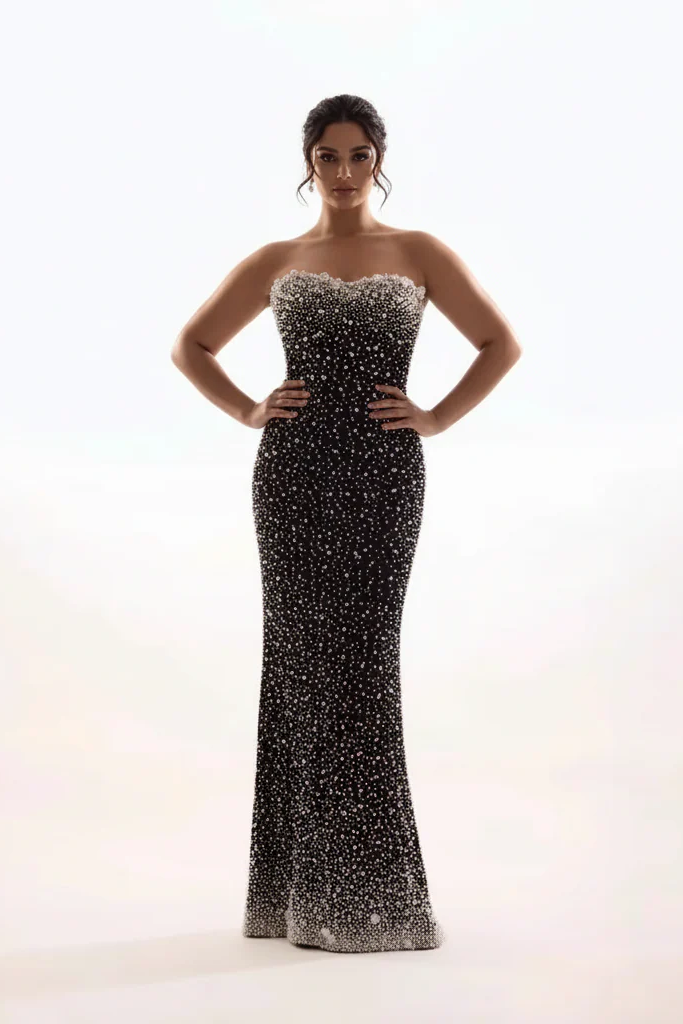 Luxury Black Prom Dress with Pearls Strapless Evening Gown Mychicdress