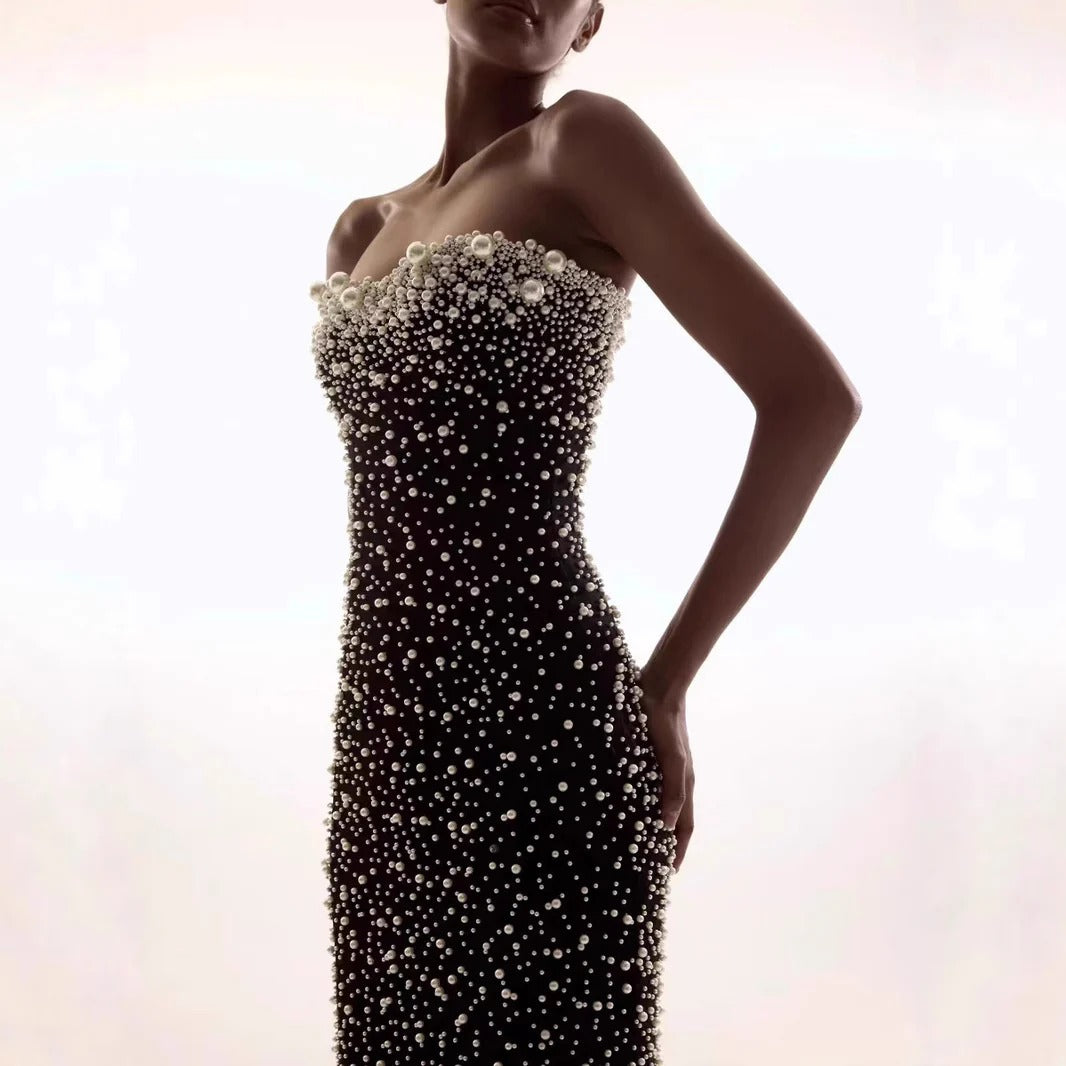 Luxury Black Prom Dress with Pearls Strapless Evening Gown Mychicdress