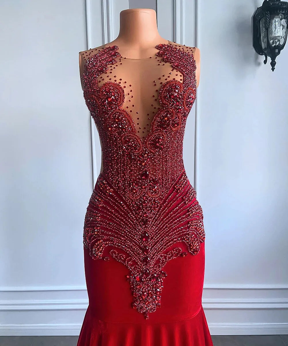 Luxury Crystal Diamond Red Prom Dresses Velvet Mermaid Beaded