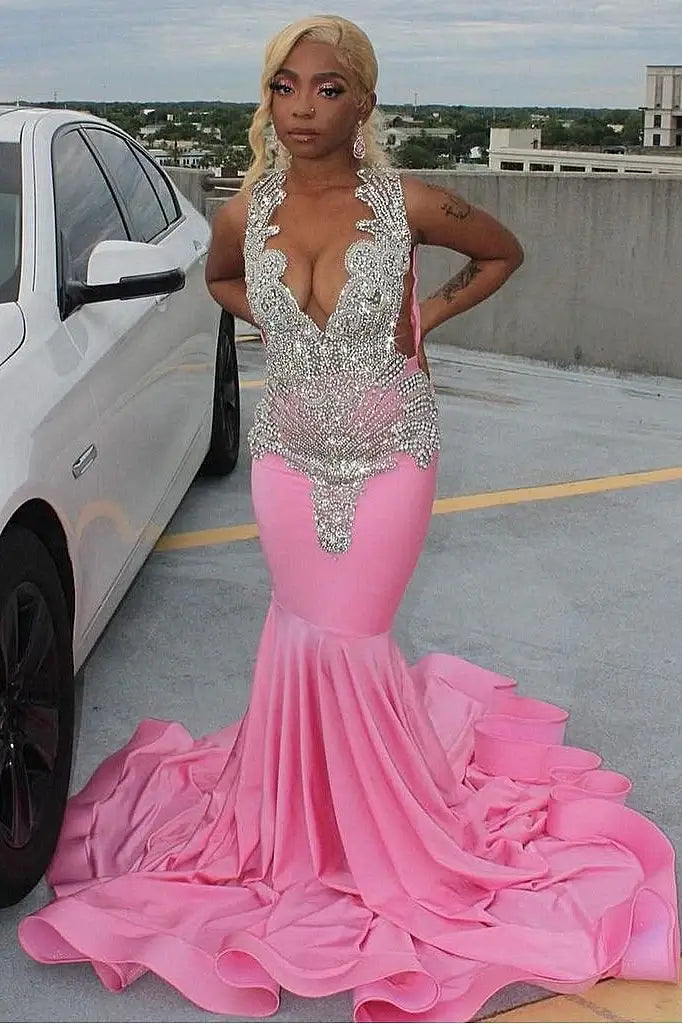 pink evening gown Luxury Mermaid Satin Prom Dresses Sleeveless Silver Beads