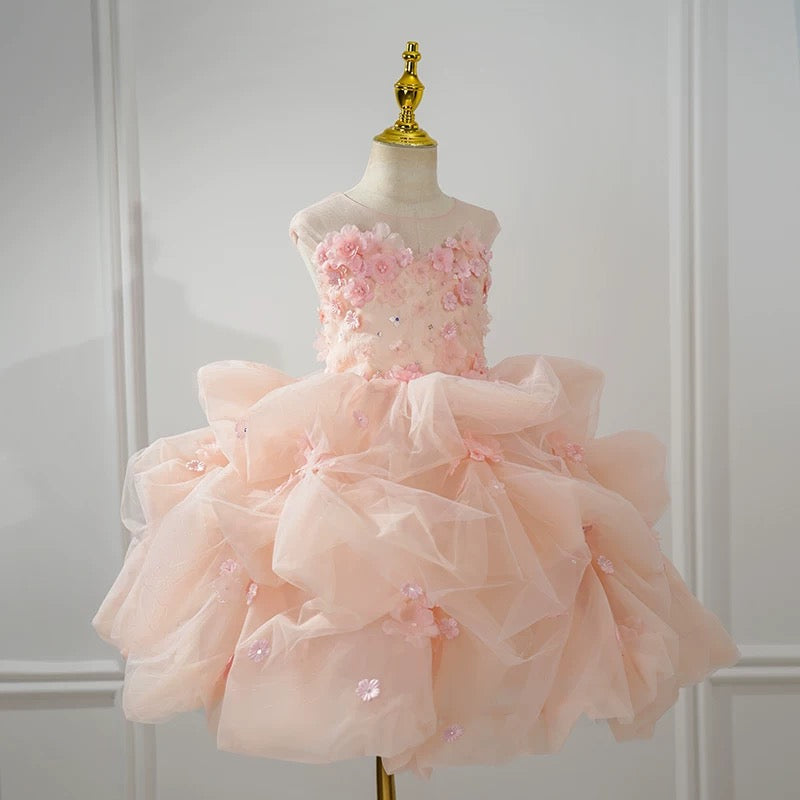 Luxury Pink Flower Girl Dress Tulle Short Pageant Dress for Little girls