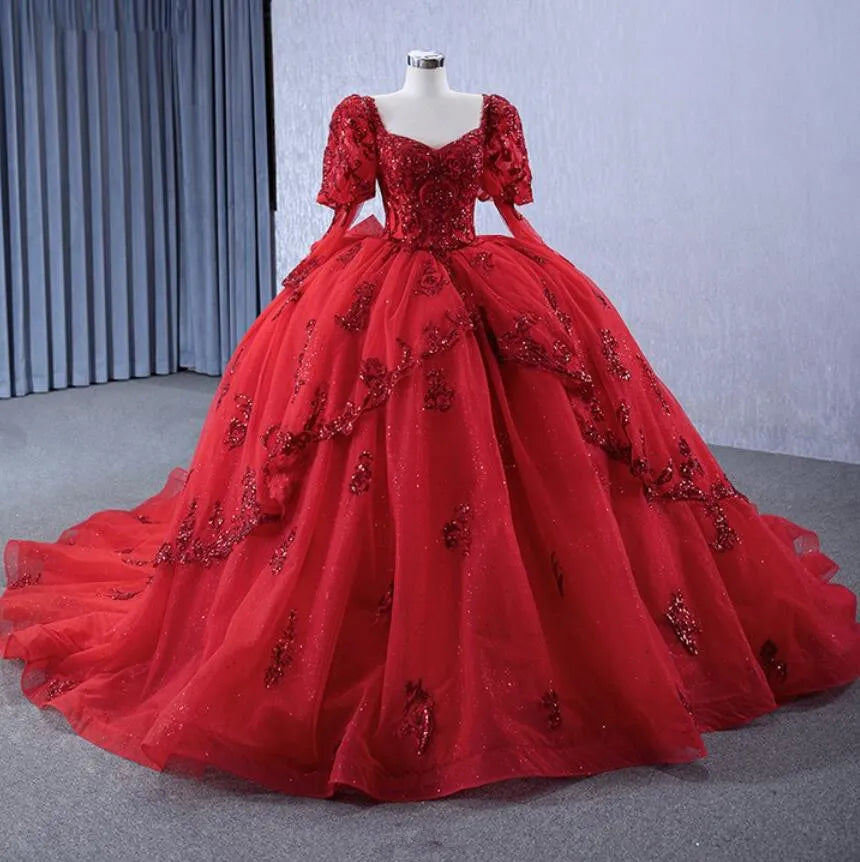 Luxury Red Quinceanera Dresses Corset Sequins Applique with Long Sleeves