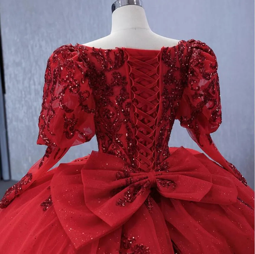 Luxury Red Quinceanera Dresses Corset Sequins Applique with Long Sleeves