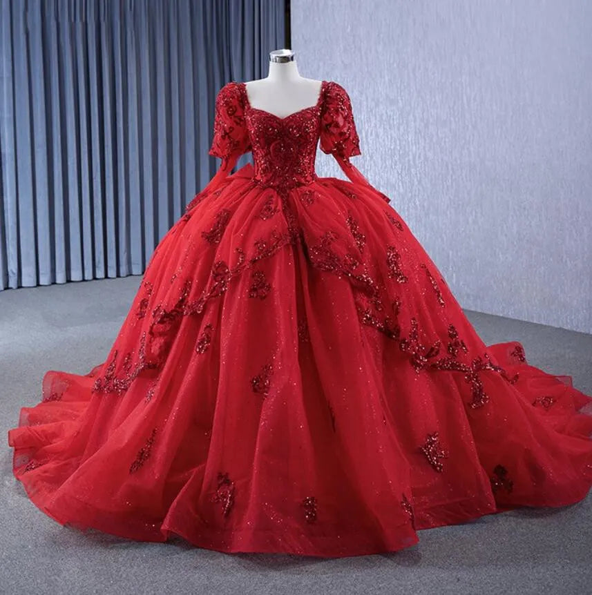 Luxury Red Quinceanera Dresses Corset Sequins Applique with Long Sleeves