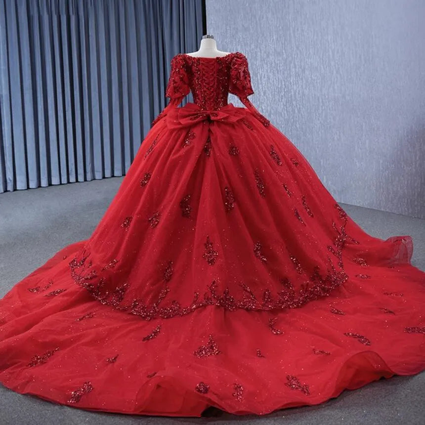 Luxury Red Quinceanera Dresses Corset Sequins Applique with Long Sleeves