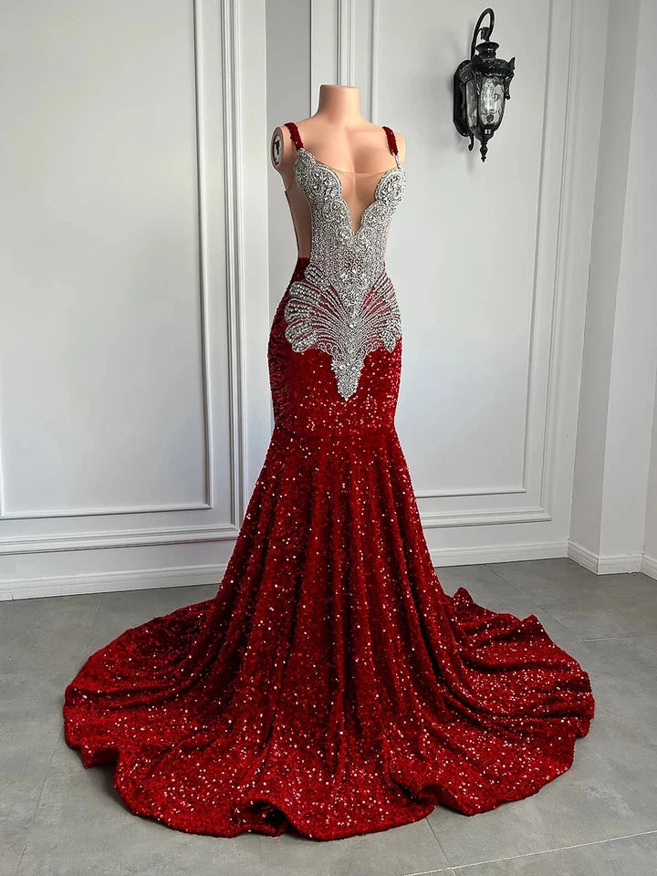 Red evening gown with silver embellishments