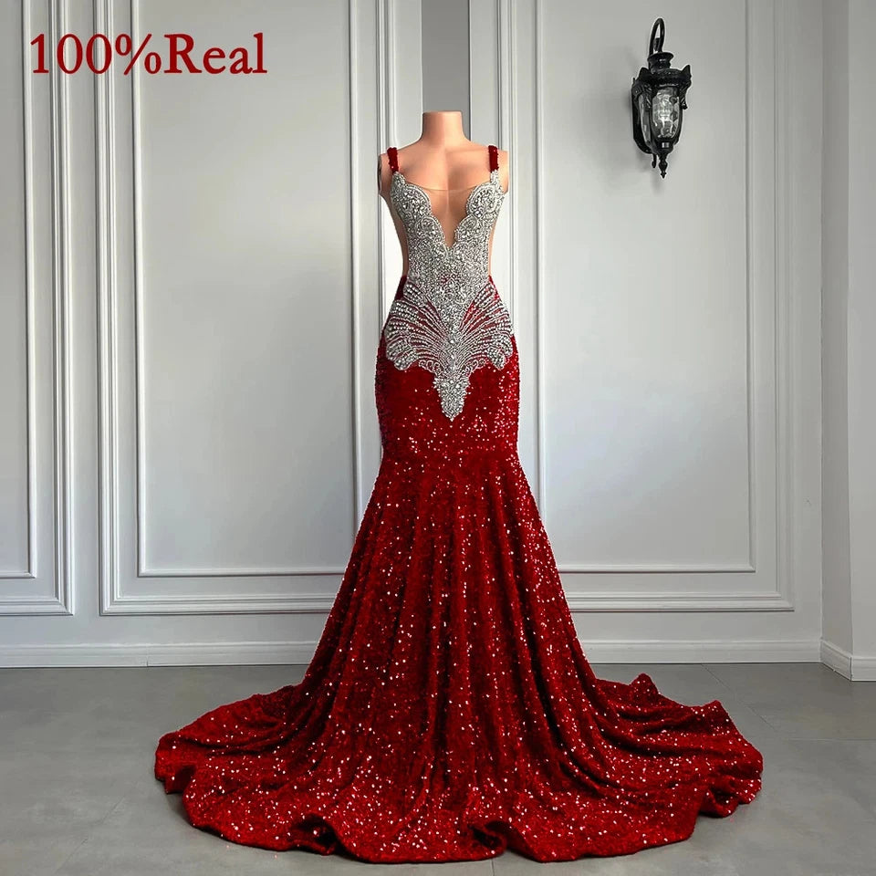 Luxury Red Sequin Prom Dresses Mermaid Silver Crystals