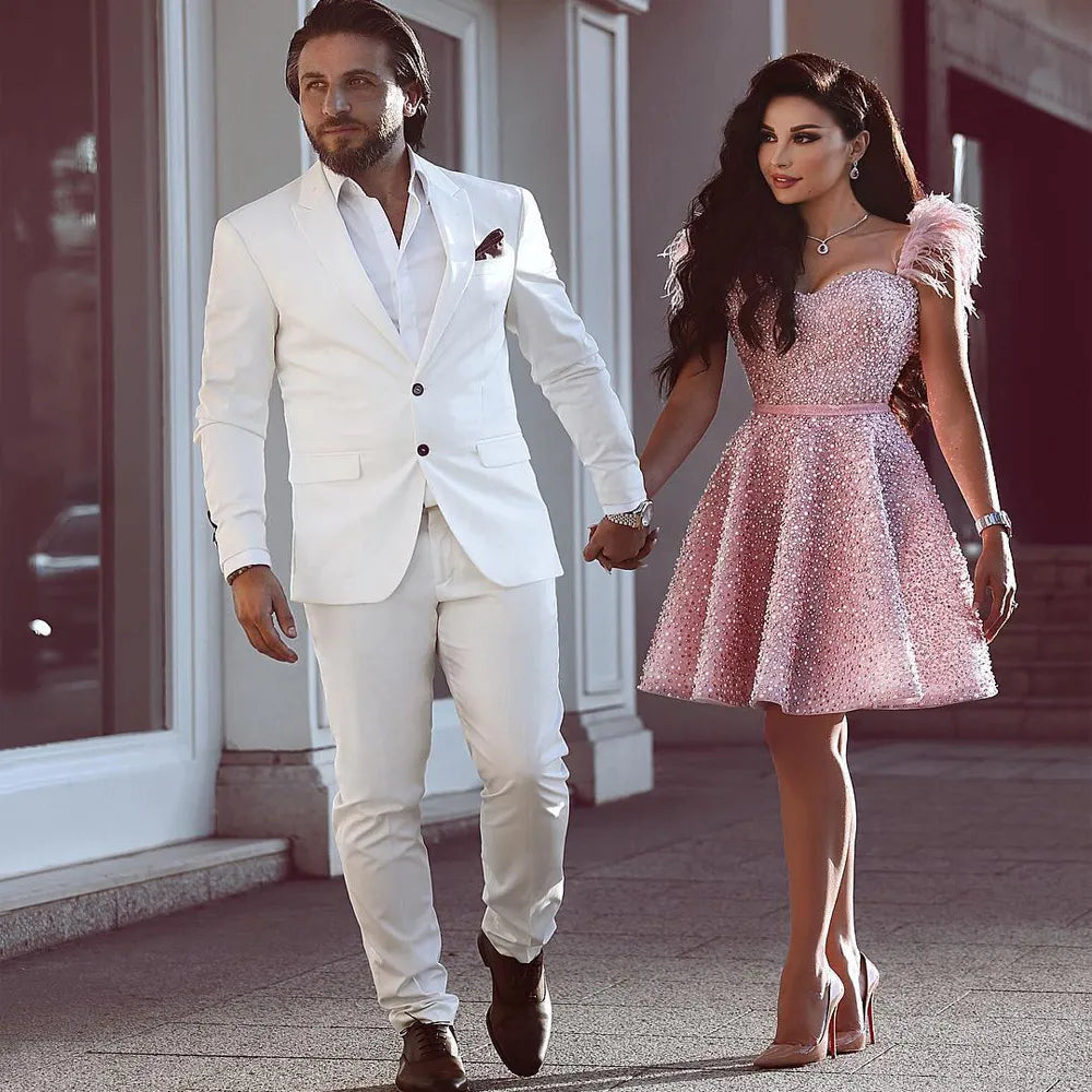 Luxury Short Cocktail Dresses Pink Crystal Beaded Homecoming Dress Feather Mychicdress