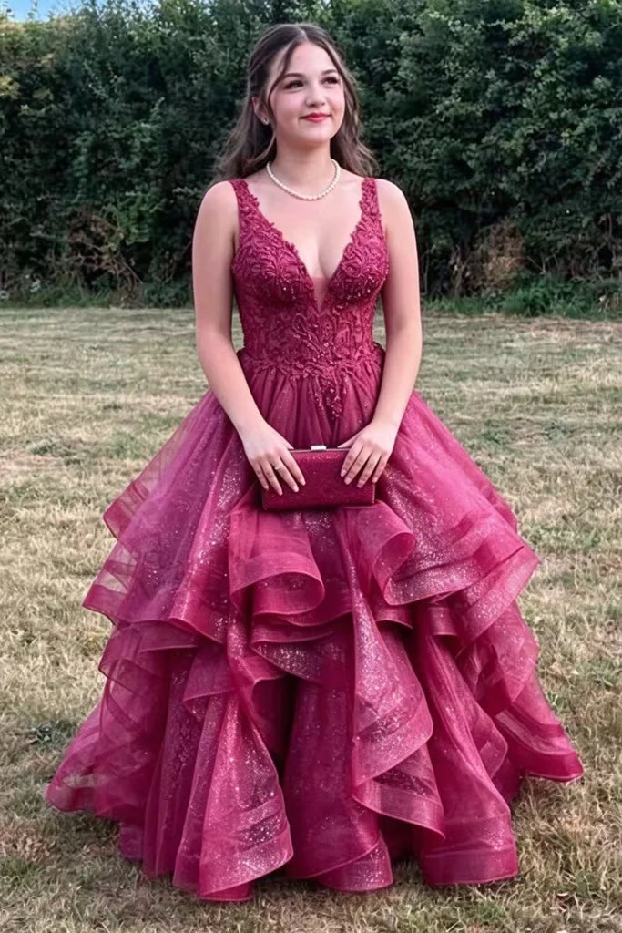 Long Maroon Formal Dress Lace V Neck Prom Dress Ruffles